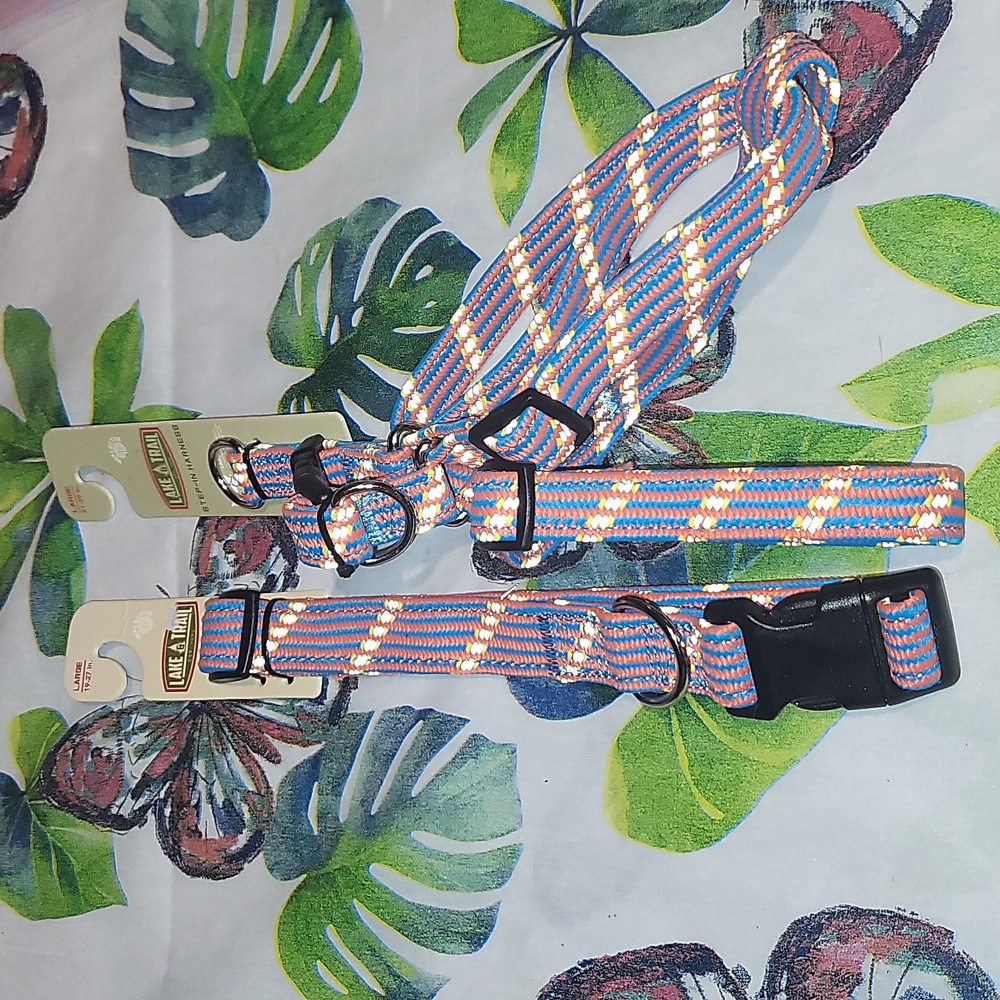 Lake & Trail Size Large Collar & Step-In Harness Set NWT Orange/Blue/Reflective